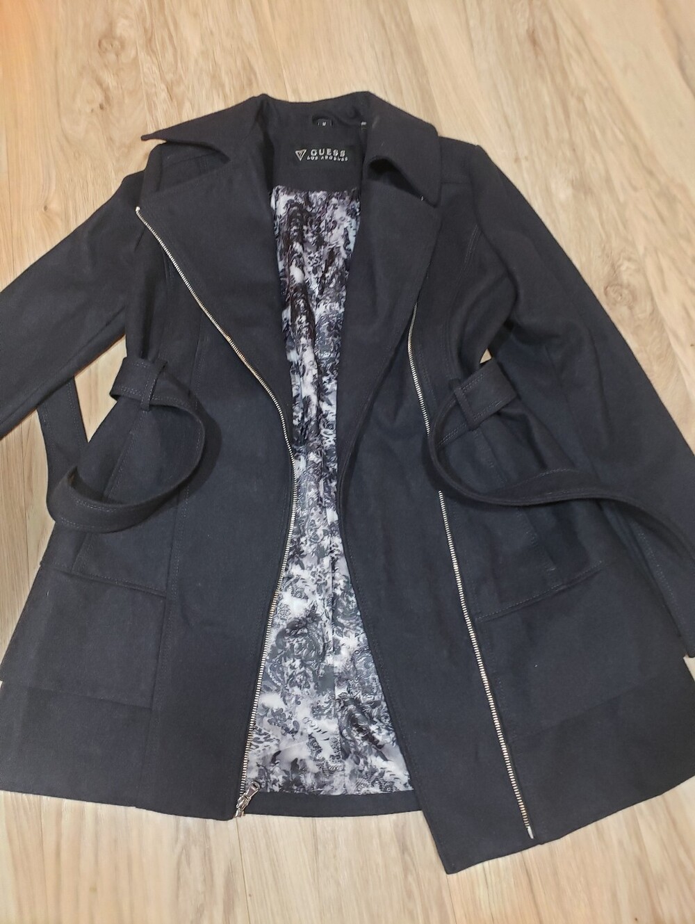 Guess Like New Wool Full Zip Jacket Med Belted Satin Designer Liner
